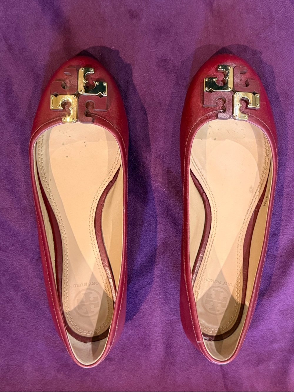 Tory Burch Wine Leather Logo Ballet Flats with Gold Emblem